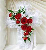 Red Rose Satin Cross Casket Pillow