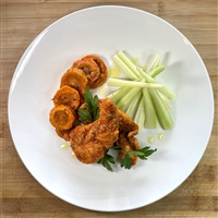 Chicken strips battered in gluten free flour, seared in coconut oil and hand tossed in our tasty buffalo sauce. Traditionally paired with roasted carrots flavored with Italian herbs and spices and raw celery.