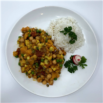 Sweet potato, cauliflower, lentils, green peas, chickpeas, tomatoes, spices, served over basmati rice in a mild indian curry dressing.