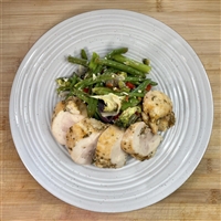 Baked juicy chicken thighs accompanied by an array of fresh asparagus , green beans, red pepper, red onion and broccoli. Roasted to perfection with garlic.