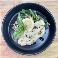 Our marinated roasted garlic lemon basil chicken is served with Basmati rice, quinoa, green beans and toasted almonds.