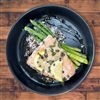 Best Wild Salmon baked and topped with our own fresh garlic, lemon caper
sauce. Paired with our signature basmati quinoa blend and steamed asparagus.