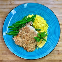 Old Traditional Baked Haddock topped with gluten free breadcrumbs and served with rice pilaf and garlicky green beans.