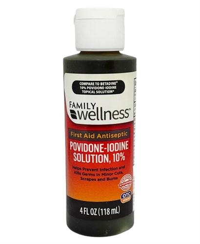 Family Wellness Antiseptic Povidone Iodine 10% Solution, 4 Oz