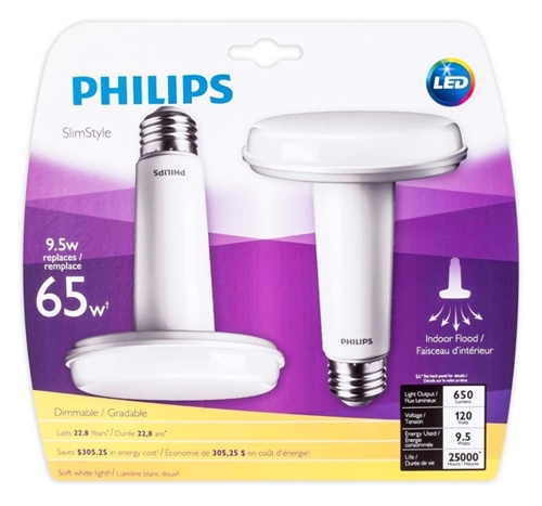 Philips SlimStyle LED Dimmable 9.5W BR30 Bulbs, 2PK