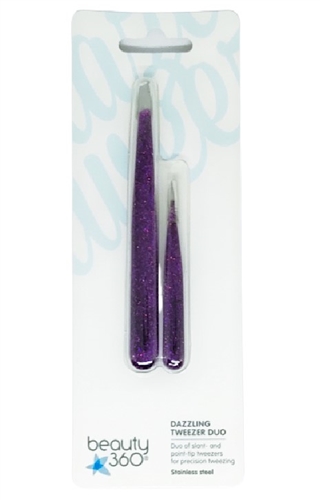 Beauty 360 Dazzling Tweezer Duo, Slant & Point Tips, Glitter Purple