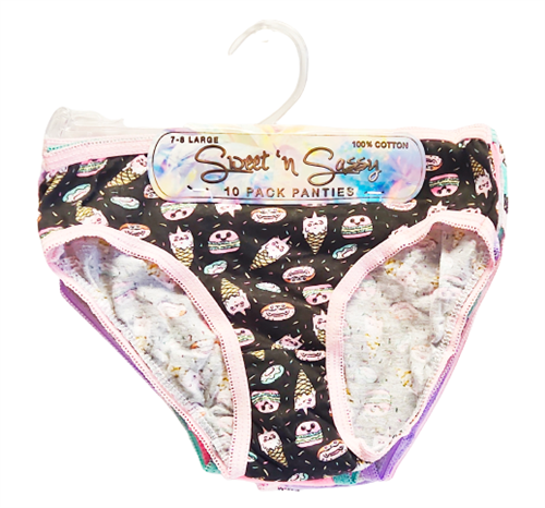 Sweet 'N Sassy Girls' Cotton Bikini Underwear Panties, Pack of 10, L (7-8)