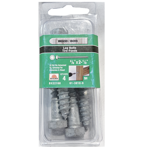 Buildex Wood Lag Bolts, 3/8"x2 1/2" Pack of 4