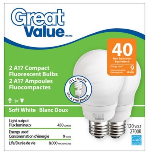 Great Value CFL 9W (=40W) A17 Bulbs, Pack Of 2