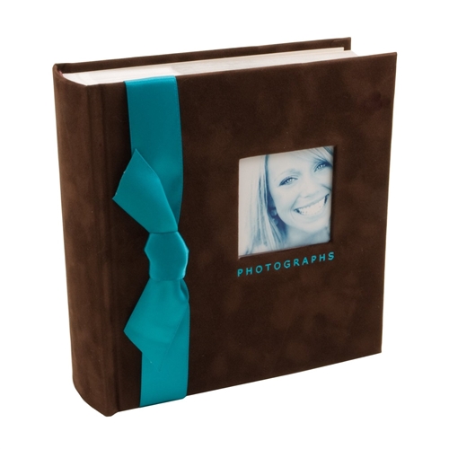 BorderTrends Chocolux 100-Pocket Faux Suede with Ribbon Photo Album, Chocolate Brown & Turquoise