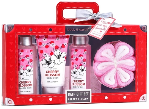 Body & Earth Bath-Body Gift Box for Her With Cherry Blossom Scent, 4 Pcs