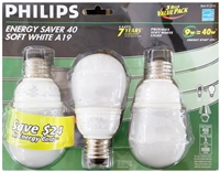PHILIPS EnergySaver CFL 9W A19 Bulbs - 3 pcs