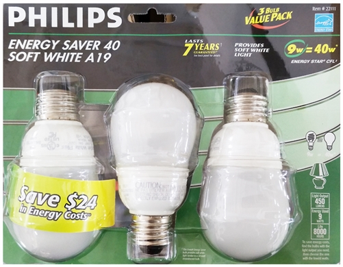 PHILIPS EnergySaver CFL 9W A19 Bulbs - 3 pcs