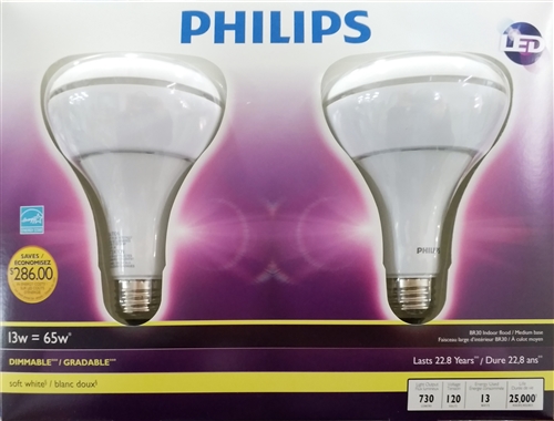 PHILIPS LED Dimmable 13W BR30 Bulbs, 2PK