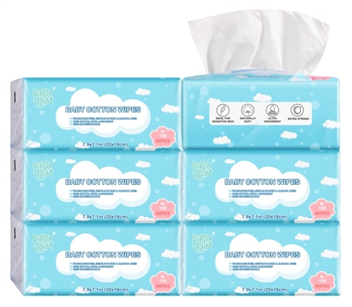 HAPPY BUM 100% Cotton Dry Baby Wipes for Sensitive Skin, 600 Count