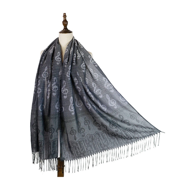 New Satin Silver Pashmina Scarf with Treble Clefs