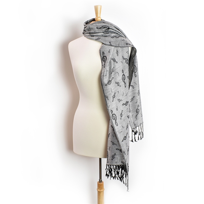 Silver Pashmina with Black Treble Clefs