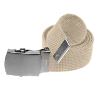 44" Military Style Web Belt with Silver Buckle- Khaki