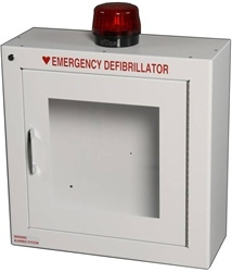 Defibrillator Cabinet - AED cabinet with Alarm and Strobe. Modern Metal Automated External Defibrillator alarmed storage wall mount case with strobe light. 180SM-14R