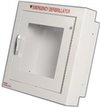 Modern Metal Alarmed AED cabinet Semi-Recessed into wall. AED cabinet meets ADA requirements for cabinets mounted in hallways. 180SR3-1. Alarm AED cabinet wall mounted.