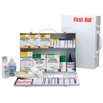 2-Shelf Industrial First Aid Cabinet, 75 person. This metal 2-shelf, 516-piece industrial first aid station is designed as an auxiliary kit for smaller businesses, offices and work sites and serves
up to 75 people. First Aid Kits for the workplace. 245-O