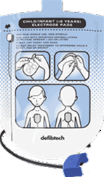 Defibtech pediatric AED electrode pads. This package contains one pair of child/infant defibrillation pads for use with the Defibtech Lifeline or Reviver AED. Defibtech pediatric AED pads for children less than 8 or less than 55 pounds. DDP-200P