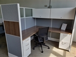 New AIS Divi 6' x 6' Workstations with 2- Peds, 66"h Panels with Wood inserts and Smoked Glass