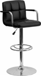 NEW CONTEMPORARY BLACK QUILTED VINYL ADJUSTABLE HEIGHT BARSTOOL WITH ARMS AND CHROME BASE