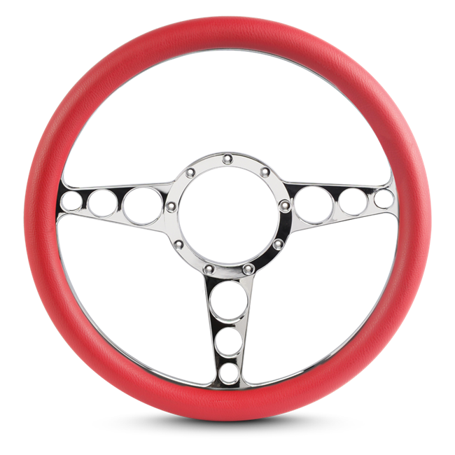 Steering Wheel Racer Billet Aluminum -Chrome Plated Spokes /Red Grip