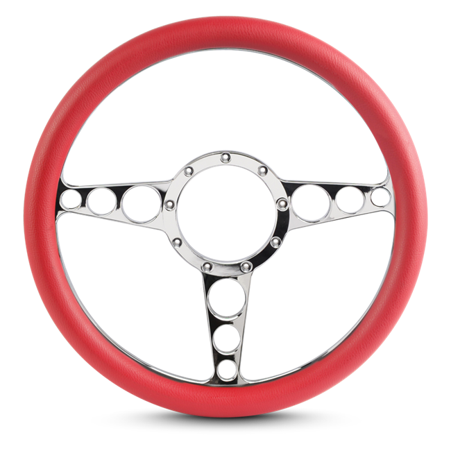 Steering Wheel Racer Billet Aluminum -Bright Polished Spokes /Red Grip