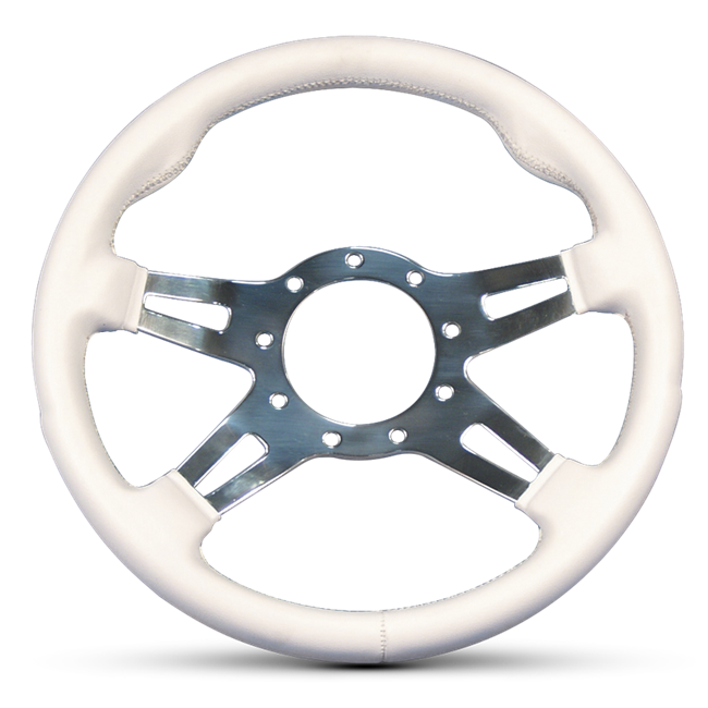 GRANT 9 BOLT STEERING WHEEL WHITE COVER/POLISHED SLOTTED SPOKES