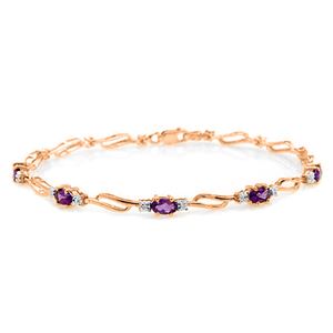 ALARRI 14K Solid Rose Gold Tennis Bracelet w/ Amethysts & Diamonds