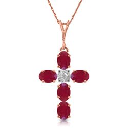 ALARRI 1.75 Carat 14K Solid Rose Gold Cross Necklace Natural Diamond Ruby