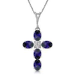 ALARRI 1.88 CTW 14K Solid White Gold Cross Necklace Natural Diamond Sapphire