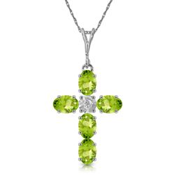 ALARRI 1.88 Carat 14K Solid White Gold Cross Necklace Natural Diamond Peridot