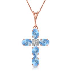 ALARRI 1.75 CTW 14K Solid Rose Gold Cross Necklace Natural Diamond Blue Topaz