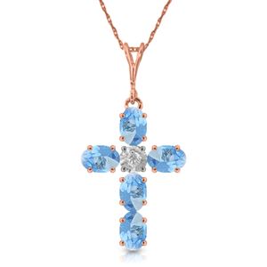 ALARRI 1.75 CTW 14K Solid Rose Gold Cross Necklace Natural Diamond Blue Topaz