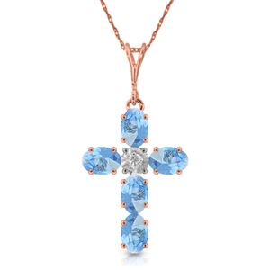ALARRI 1.75 CTW 14K Solid Rose Gold Cross Necklace Natural Diamond Blue Topaz