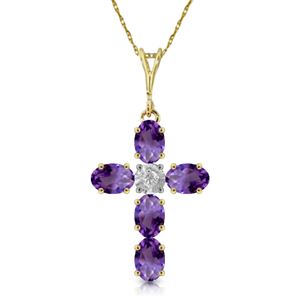 ALARRI 1.75 Carat 14K Solid Gold Cross Necklace Natural Diamond Purple Amethyst