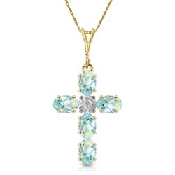 ALARRI 1.75 Carat 14K Solid Gold Cross Necklace Natural Diamond Aquamarine