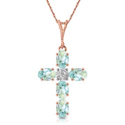 ALARRI 1.75 CTW 14K Solid Rose Gold Cross Necklace Natural Diamond Aquamarine