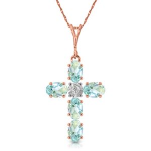 ALARRI 1.75 CTW 14K Solid Rose Gold Cross Necklace Natural Diamond Aquamarine