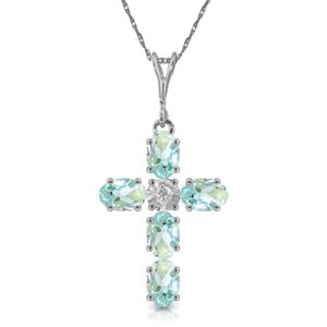ALARRI 1.75 CTW 14K Solid White Gold Cross Necklace Natural Diamond Aquamarine