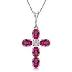 ALARRI 1.88 Carat 14K Solid White Gold Cross Necklace Natural Diamond Pink Topaz