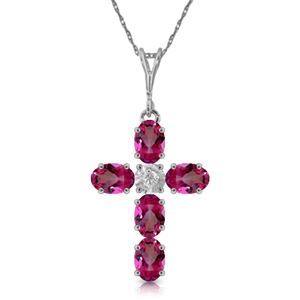 ALARRI 1.88 Carat 14K Solid White Gold Cross Necklace Natural Diamond Pink Topaz