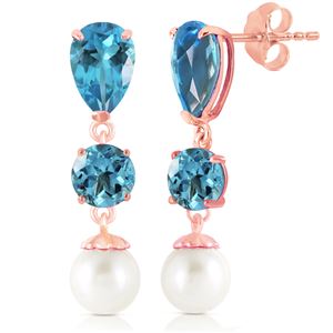 ALARRI 10.5 CTW 14K Solid Rose Gold Drop Earrings Blue Topaz And Pearl