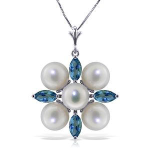 ALARRI 6.3 Carat 14K Solid White Gold Peace Of Heaven Blue Topaz Pearl Necklace