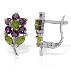 ALARRI 2.12 Carat 14K Solid White Gold Flowers Stud Earrings Amethyst Peridot