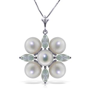 ALARRI 6.3 Carat 14K Solid White Gold Kissing Spree Aquamarine Pearl Necklace