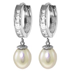 ALARRI 9.3 CTW 14K Solid White Gold Hoop Earrings White Topaz Pearl